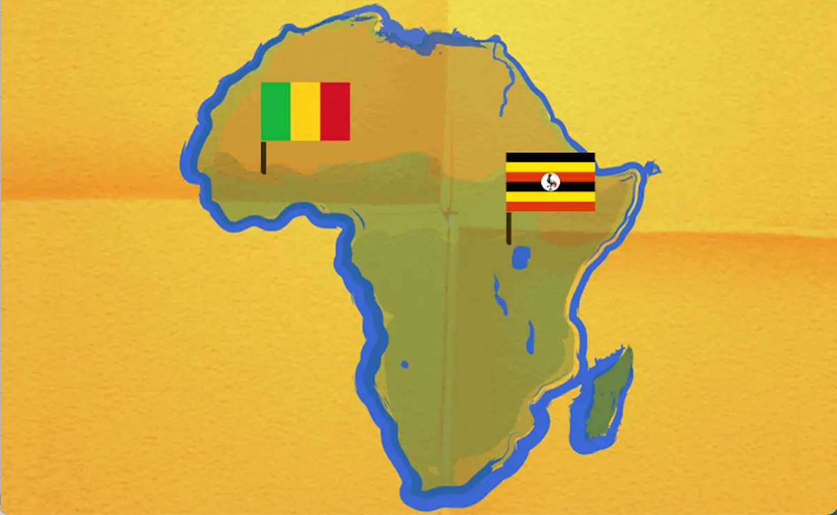 Map of Africa; Mali and Uganda are highlighted where their respective flags point. Image credit: © 2010 Roland Urbanek. Flags are edited in and overlayed on the image.